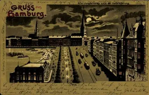 Mondschein Litho Hamburg, Alter Jungfernstieg nach der Verbreiterung