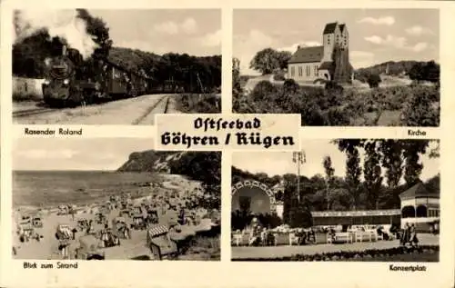 Ak Ostseebad Göhren auf Rügen, Rasender Roland, Kirche, Strand, Konzertplatz