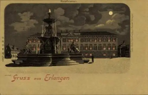 Mondschein Litho Ak Erlangen in Mittelfranken Bayern, Kunstbrunnen