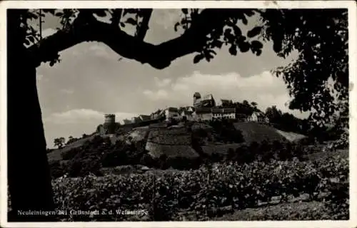 Ak Neuleiningen Rheinland Pfalz, Blick hoch zum Ort, Burgmauern, Weinfelder