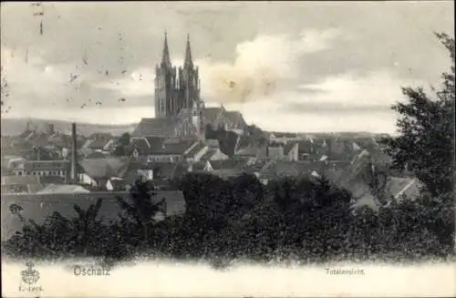 Ak Oschatz in Nordsachsen, Stadtpanorama, Glockentürme, Gebäude, Schornstein