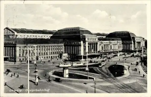 Ak Leipzig, Ansicht Hauptbahnhof mit Straßenbahn, 1938