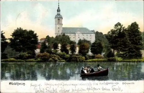 Ak Waldheim in Mittelsachsen, Kahnpartie, Stadtkirche, Ruderboot