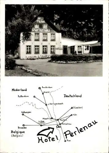 Ak Monschau Montjoie in der Eifel, Hotel Perlenau, Landkarte, Außenansicht