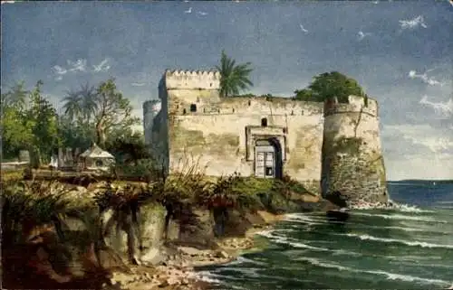 Künstler Ak Kilwa Kiwindje Deutsch Ostafrika Tansania, Korallenfelsvorsprung der Insel, Burg