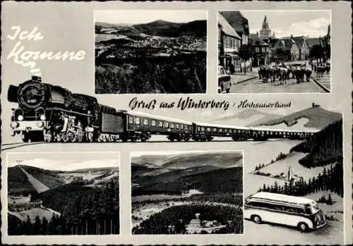 Ak Winterberg im Sauerland, Dampflok, Eisenbahn, Kuhherde, Bus, Panorama