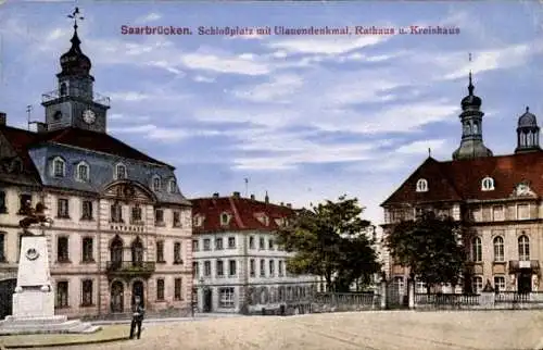 Ak Saarbrücken, Schlossplatz, Ulanendenkmal, Rathaus, Kreishaus