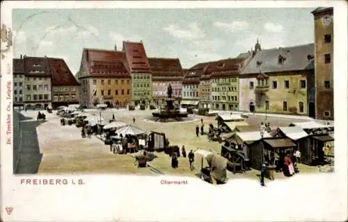 Ak Freiberg im Kreis Mittelsachsen, Stände auf dem Obermarkt, Denkmal, Rathaus, Uhrenturm