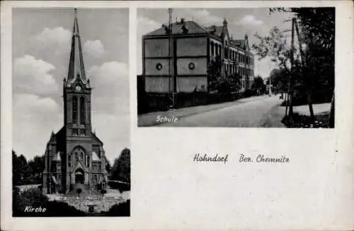 Ak Hohndorf im Erzgebirge, Ansichten von Kirche und Schule