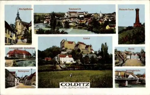 Ak Colditz in Sachsen, Schloss, Totalansicht, Heimats-Turm, Muldenbrücke, Badergasse