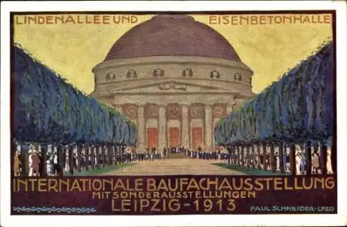 Künstler Ak Leipzig in Sachsen, Int. Baufachausstellung 1913, Lindenallee, Eisenbetonhalle