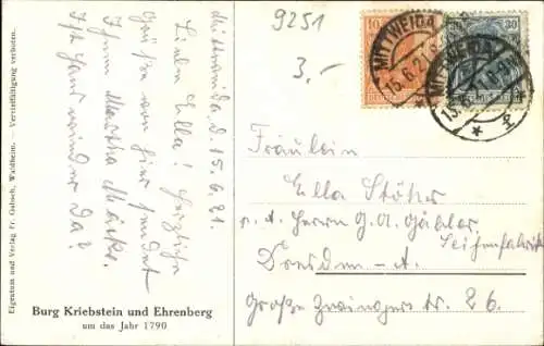 Künstler Ak Kriebstein Sachsen, Burg Kriebstein und Ehrenberg um 1790