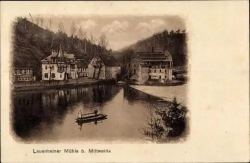 Ak Mittweida, Partie an der Lauenhainer Mühle, Wasser, Boot