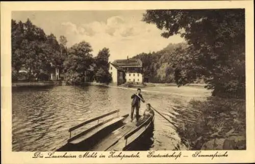 Ak Lauenhain Mittweida, Kahnpartie vor der Mühle