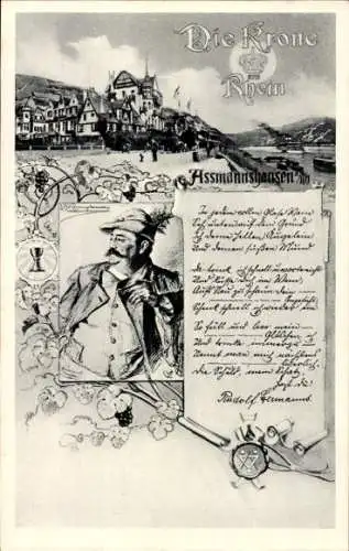 Ak Assmannshausen Rüdesheim, Stadtansicht mit Rhein, Rudolf Hermanns, Die Krone im Rhein