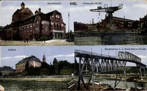 Ak Kiel in Schleswig Holstein, Stadttheater, Germania Werft, Schloss, Prinz Heinrich Brücke