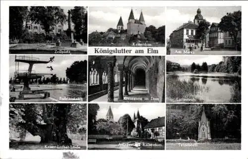 Ak Königslutter am Elm, Zollplatz, Markt, Lutterteich, Kreuzgang im Dom, Kaiser Lothar Linde