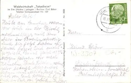 Ak Schöppenstedt, Waldwirtschaft Tetzelstein im Elm, Bes. Carl Böker