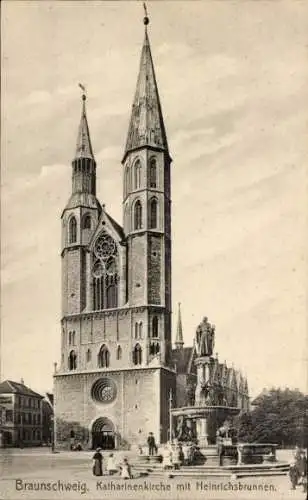 Ak Braunschweig in Niedersachsen, Katharinenkirche mit Heinrichsbrunnen