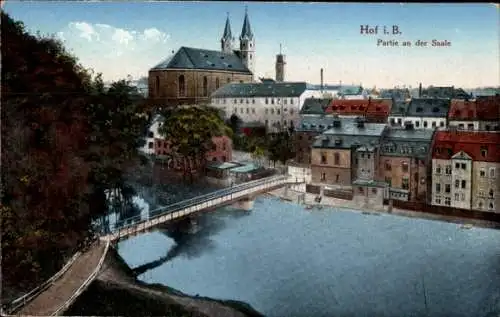 Ak Hof an der Saale Oberfranken Bayern, Partie an der Salle, Saalebrücke, Dom