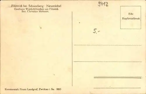 Ak Neustädtel Schneeberg im Erzgebirge, Partie am Filzteich, Gasthaus Waldschlösschen, Chr. Mehnert