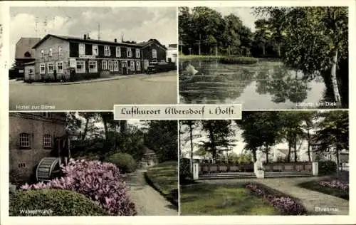 Ak Albersdorf in Holstein, Kirche, Ehrenmal, Lisbeth ern Diek, Hotel zur Börse, Wassermühle