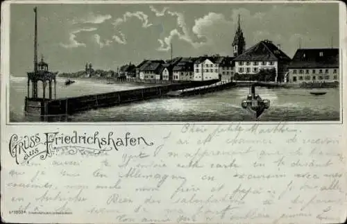 Mondschein Litho Friedrichshafen am Bodensee, Brücke zur Stadt