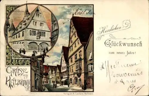 Litho Heilbronn am Neckar, Kirchbrunnenstraße, Altes Schlachthaus, Glückwunsche Neujahr