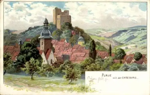 Litho Plaue in Thüringen, Blick auf den Ort mit Ehrenburg