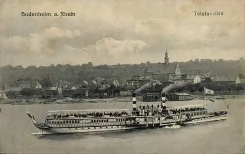 Ak Budenheim am Rhein, Gesamtansicht, Dampfschiff