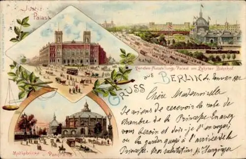 Litho Berlin Tiergarten Moabit, Landesausstellungspalast, Justizpalast, Moltkebrücke,Lehrter Bahnhof