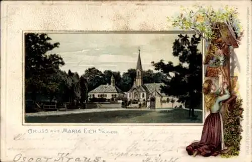 Präge Passepartout Ak Planegg Oberbayern, Wallfahrtskirche Maria Eich, Frau betet zu Jesus