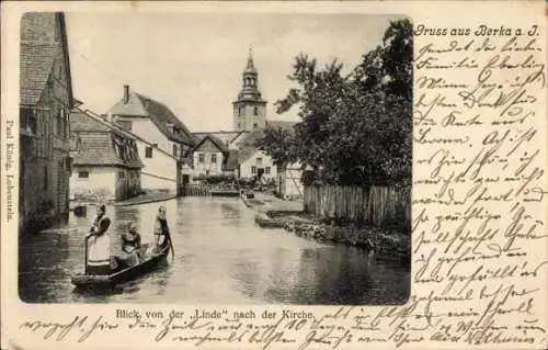 Ak Bad Berka in Thüringen, Blick von der Linde nach der Kirche, Boot