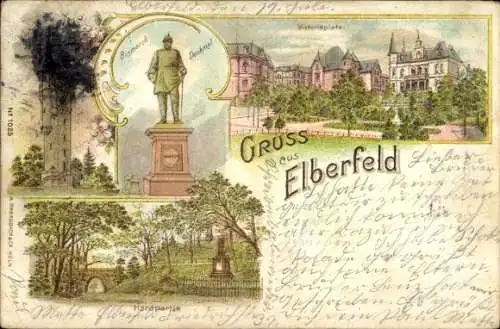 Litho Elberfeld Wuppertal, Bismarckdenkmal, Viktoriaplatz, Partie an der Hard