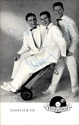 Ak Musiker Trio Charlie & Co., Polydor Schallplatten, Portrait, Autogramme