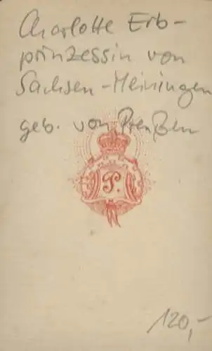 CdV Portrait Charlotte Erbprinzessin von Sachsen-Meiningen, geb. von Preußen