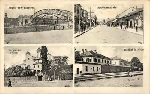 Ak Niš Nisch Serbien, Brücke über Nischawa, Mackensenstraße, Kathedrale, Bahnhof