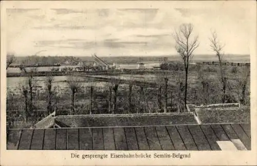 Ak Zemun Semlin Beograd Belgrad Serbien, Die gesprengte Eisenbahnbrücke