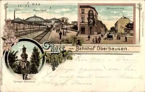 Litho Oberhausen im Ruhrgebiet, Bahnhof, Marktstraße, Kriegerdenkmal