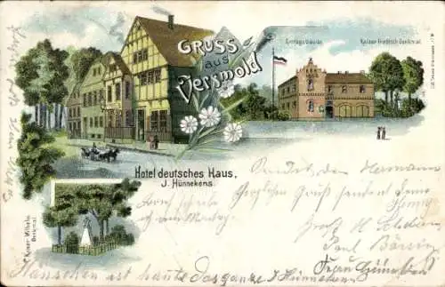 Litho Versmold in Westfalen, Hotel deutsches Haus, Amtsgebäude, Kaiser Friedrich Denkmal