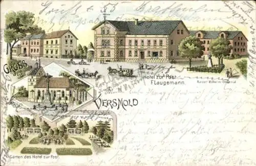 Litho Versmold in Westfalen, Hotel zur Post, Garten, Kaiser Wilhelm Denkmal, Kirche