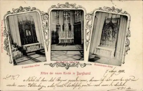 Ak Borghorst Steinfurt Westfalen, Neue Kirche, Franziskus-Altar, Hochaltar, Chor, Rosenkranz-Altar