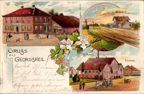 Litho Georgsheil Südbrookmerland Ostfriesland, Gasthof, Bahnhof, Postamt, Molkerei