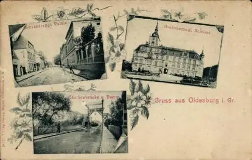 Ak Oldenburg im Großherzogtum Oldenburg, Großherzogliches Schloss, Palais, Cäcilienbrücke, Damm