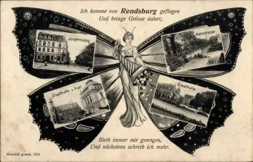 Schmetterling Ak Rendsburg in Schleswig Holstein, Jungfernstieg, Kieler Straße, Stadthalle, Post