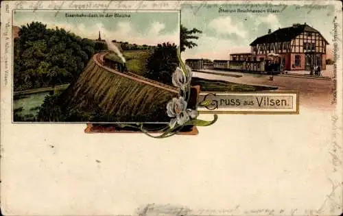 Litho Vilsen in Niedersachsen, Eisenbahndamm in der Bleiche, Station Bruchhausen-Vilsen