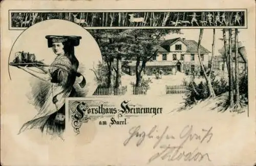 Litho Bückeburg im Kreis Schaumburg, Forsthaus Heinemeyer am Harrl, Frau in Tracht