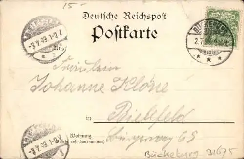 Litho Bückeburg im Kreis Schaumburg, Forsthaus Heinemeyer am Harrl, Frau in Tracht