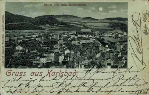 Mondschein Litho Karlovy Vary Karlsbad Stadt, Blick vom Hirschensprung