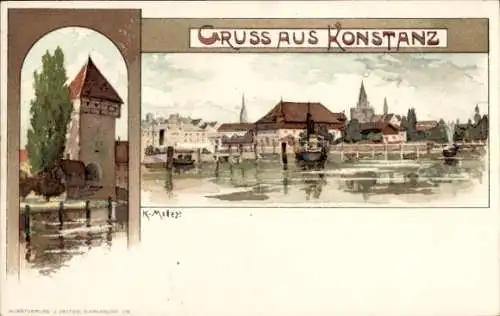 Künstler Litho Mutter, K., Konstanz am Bodensee, Stadtansicht, Turm